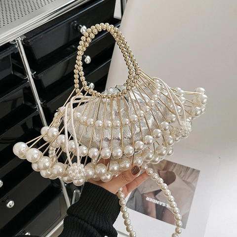 Bolso De Mano Jaula De Perlas Artificiales Marco De Metal Perla Artificial De Imitación Hueca Concha Bolso De Noche Para Mujer Boda Fiesta Lujo Elegante
