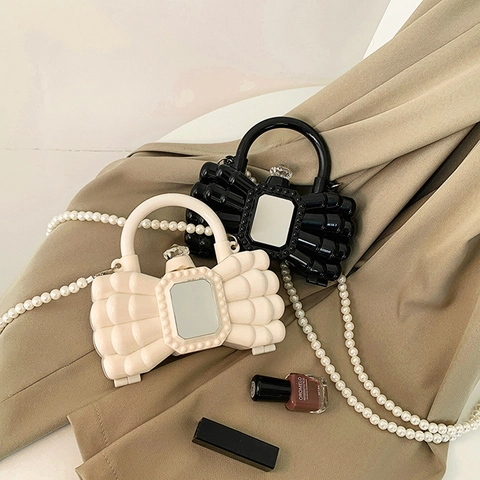 Bow Shape Evening Bag Acrylic Artificial Pearl Chain Rhinestone Clasp Built-In Mirror Hard Shell Party Handbag For Women