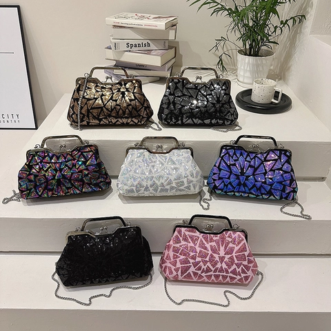 Borsa da Sera con Paillettes Geometriche da Donna Moda Mosaico Laser Crossbody Clutch Con Tracolla a Catena Manico in Metallo Borsa per Matrimonio Festa