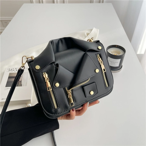 Sac À Bandoulière En Forme De Veste De Moto Cuir PU Fermetures Éclair Dorées Rivets Revers Mode Streetwear Tendance Femmes