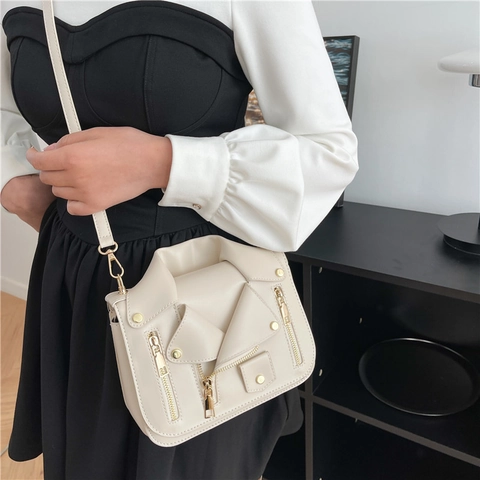 Sac À Bandoulière En Forme De Veste De Moto Cuir PU Fermetures Éclair Dorées Rivets Revers Mode Streetwear Tendance Femmes