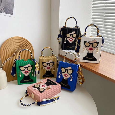 Box Handbag PU Leather Cartoon Portrait Sunglasses Girl Scarf Handle Artificial Pearl Decor Chain Shoulder Bag For Women