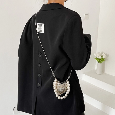 Mini Borsa Da Sera A Forma Di Cuore Consistenza Metallica Motivo Radiale Manico Di Perla Artificial Pochette Elegante