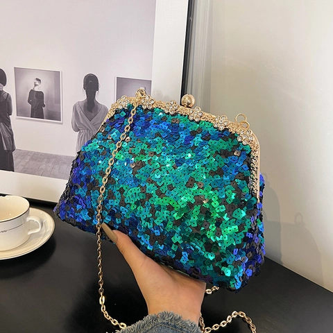 Pailletten Avondtas Met Strass Bloem Sluiting Retro Ketting Schouder Crossbody Clutch Voor Dames Feest