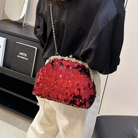 Pailletten Avondtas Met Strass Bloem Sluiting Retro Ketting Schouder Crossbody Clutch Voor Dames Feest