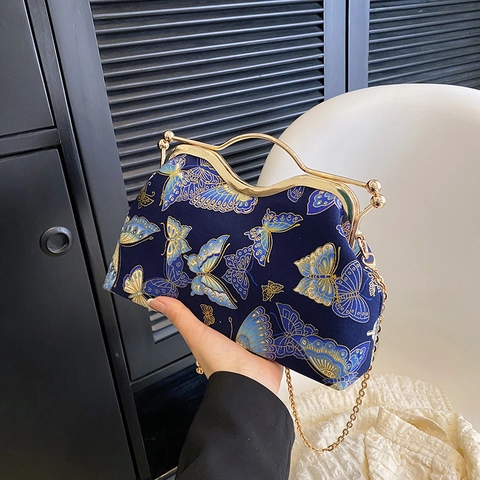 Vintage Embroidery Butterfly Floral Evening Bag Metal Frame Clasp Handbag With Chain Strap Crossbody For Women