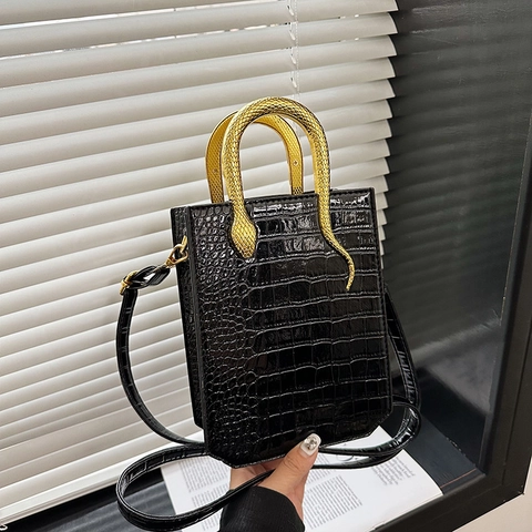 Damen Krokodil Textur PU Leder Umhängetasche Goldene Schlangengriff Elegante Schicke Handtasche Kleine Quadratische Tasche