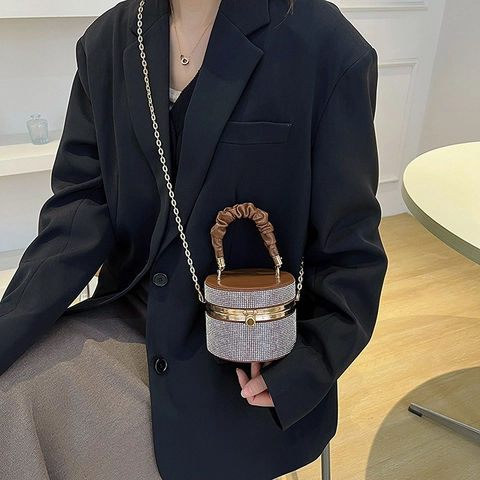 Rhinestone Cylinder Evening Bag With Pleated Handle PU Leather Detachable Chain Strap Crossbody Handbag For Women