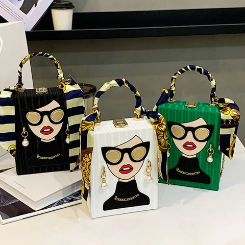 Women Fashion Cartoon Face Pattern PU Leather Box Handbag With Satin Scarf Wrap Handle Artificial Pearl Decor Metal Chain Strap Retro