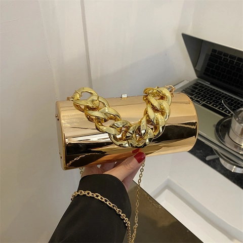 Bolso De Noche Cilíndrico De Acrílico Con Espejo Para Mujer Diseño Redondo De Carcasa Rígida Con Asa De Cadena Gruesa Y Bandolera