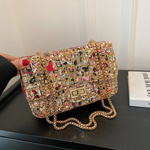 Graffiti Print Pailletten Dames Schoudertas Kleine Vierkante Crossbody Met Kettingriem Metalen Slot Vintage Stijl