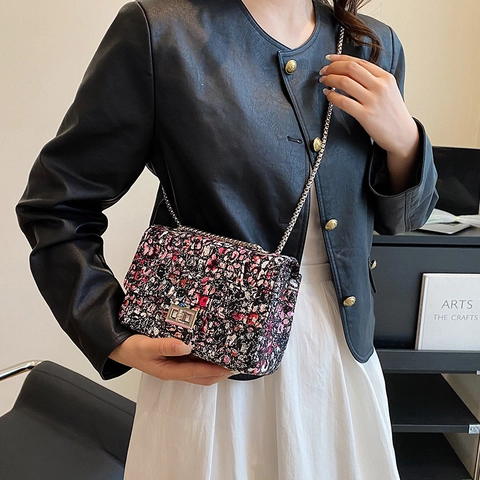 Graffiti Print Pailletten Dames Schoudertas Kleine Vierkante Crossbody Met Kettingriem Metalen Slot Vintage Stijl