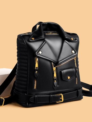 Damen Rucksack PU Leder Motorradjacke Stil Mode Streetwear Biker Tasche Mit Goldenen Nieten Hardware Große Kapazität