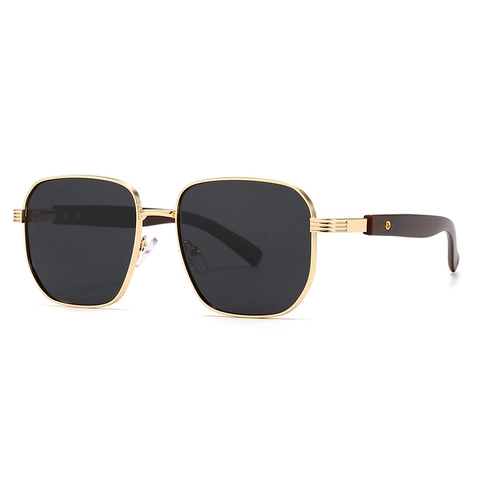 Retro Square Sunglasses Men Women Vintage Large Metal Frame Wood Grain Temples UV400 Polarized Protection Eyewear