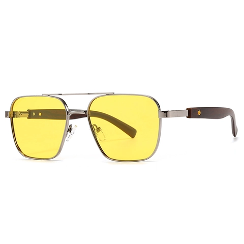 Occhiali Da Sole Polarizzati Quadrati Retro Montatura Metallo Stanghette Texture Legno UV400 Doppio Ponte Uomo