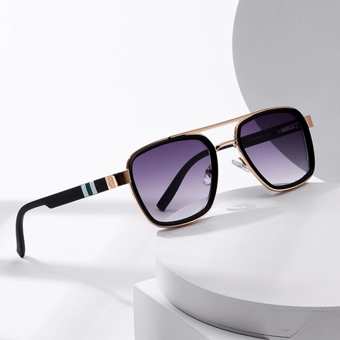 Retro Aviator Zonnebril Metalen Vierkant Frame Gradiënt Hars Lenzen UV400 Bescherming Trendy Dubbele Brug Voor Heren Dames