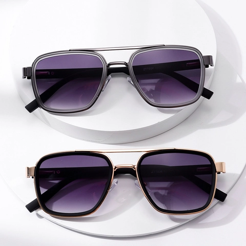 Retro Aviator Zonnebril Metalen Vierkant Frame Gradiënt Hars Lenzen UV400 Bescherming Trendy Dubbele Brug Voor Heren Dames