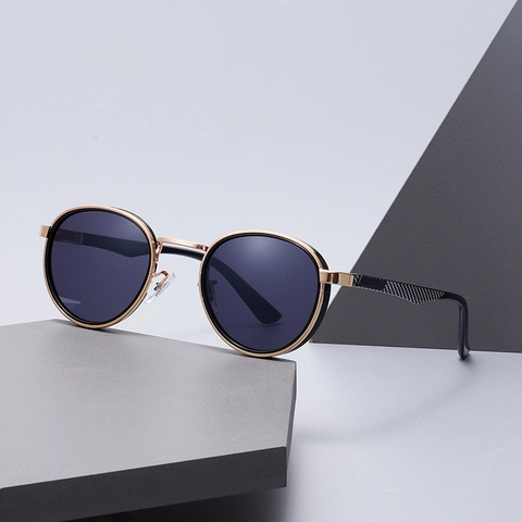 Lunettes De Soleil Rondes En Métal Rétro Protection UV400 Verres PC Mode Tendance Pour Hommes Femmes Texture Carbone