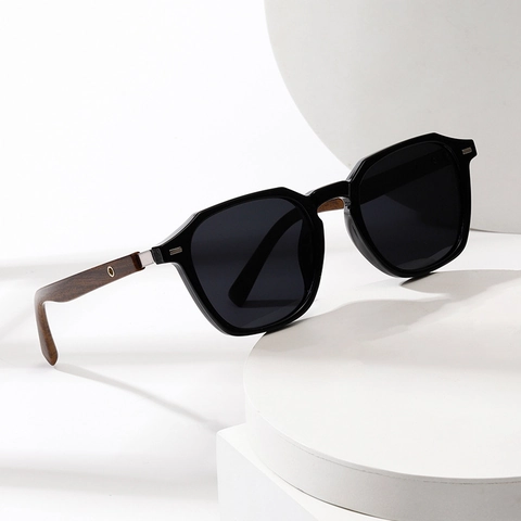 Gafas De Sol Polarizadas Retro Redondas Polígono Lentes Resina Montura Plástico Patillas Veta Madera UV400 Unisex