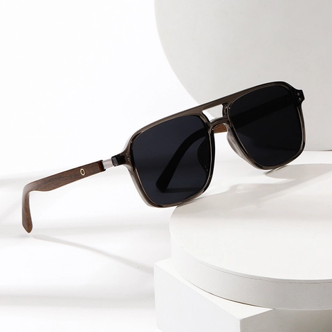 Polarized Sunglasses With Wood Grain Temples UV400 Protection Double Bridge Retro Square Frame Eyewear For Men Women