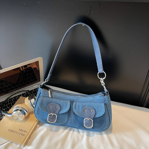 Bolso de Hombro de Mezclilla Vintage para Mujer Bolso de Axila Retro Y2K Con Bolsillos Dobles Hebilla de Plata Bolso Bandolera Casual