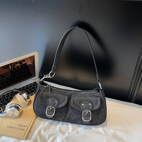 Bolso de Hombro de Mezclilla Vintage para Mujer Bolso de Axila Retro Y2K Con Bolsillos Dobles Hebilla de Plata Bolso Bandolera Casual