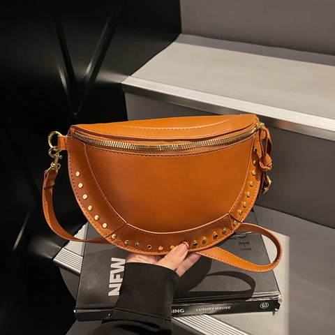 Women Retro PU Leather Half Moon Crossbody Bag Vintage Rivet Shoulder Chest Bag With Gold Hardware For Daily Use