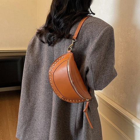 Women Retro PU Leather Half Moon Crossbody Bag Vintage Rivet Shoulder Chest Bag With Gold Hardware For Daily Use