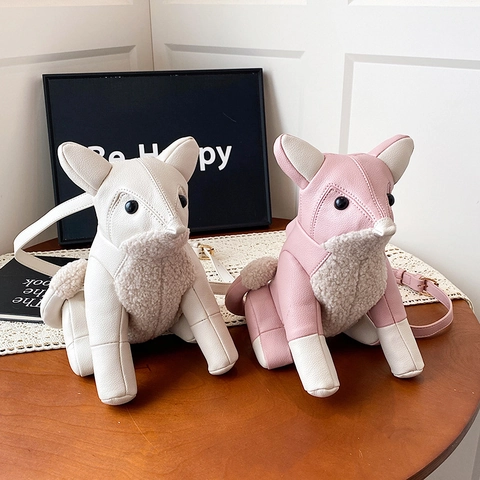 Borsa A Tracolla A Forma Di Animale Simpatico Cartone Animato Volpe Cane Pelle PU E Lana D'agnello Per Donne Ragazze