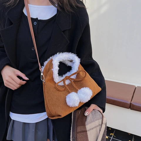 Women's Faux Suede Plush Dumpling Bag Winter Autumn Splicing Crossbody Bag With Bow Plush Ball Decor Handheld Shoulder Bag