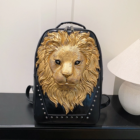 3D Lion Head Backpack PU Leather Studded Rivet Fashion Punk Hip Hop Large Capacity Travel Laptop Rucksack Daypack