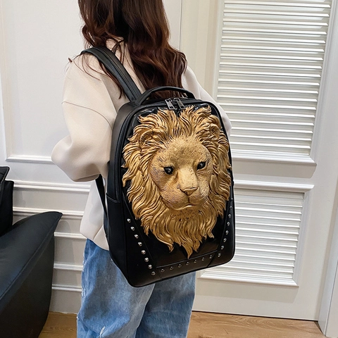 3D Lion Head Backpack PU Leather Studded Rivet Fashion Punk Hip Hop Large Capacity Travel Laptop Rucksack Daypack