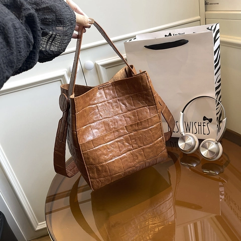 Borsa A Secchiello In Pelle PU Con Motivo Coccodrillo Per Donna Grande Capacità Borsa A Tracolla A Mano Vintage Elegante