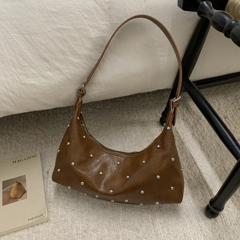 Vintage Hobo Umhängetasche Aus Weichem PU Leder Mit Silbernen Nieten Unterarm Tasche Für Damen Retro Stil