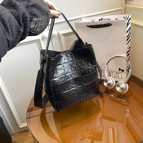 Borsa A Secchiello In Pelle PU Con Motivo Coccodrillo Per Donna Grande Capacità Borsa A Tracolla A Mano Vintage Elegante