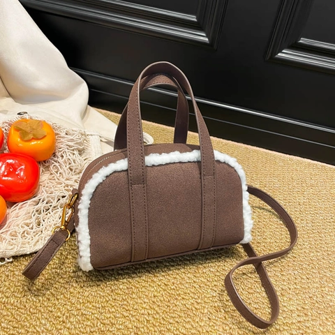 Borsa A Mano Retrò In Camoscio Con Bordo In Montone Ecologico Borsa Bowling In Peluche Per Donna Piccola Borsa A Tracolla Regolabile