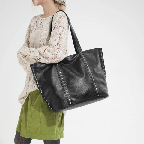 Women PU Leather Tote Bag Large Capacity Studded Rivet Shoulder Handbag Urban Simple Commuting Daily Use