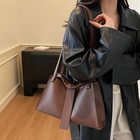 Damen Schultertasche Handtasche PU Leder Litschi Narbe Große Kapazität Magnetverschluss Pendler Französisch Minimalistisch Retro