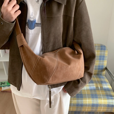 Women Crescent Crossbody Bag PU Leather Contrast Stitching Retro Commuter Shoulder Large Capacity Dumpling Bag