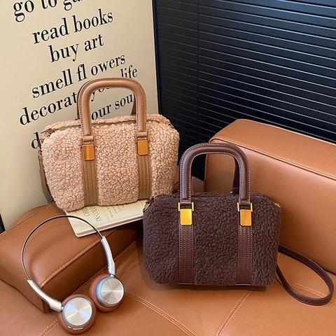 Pluche Boston Tas Dames Sherpa Teddy Velvet Handtas Met Verstelbare Riem Winter Warm Veelzijdige Schoudertas