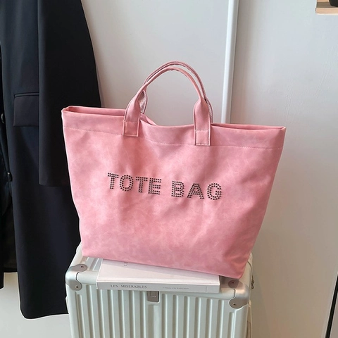 Borsa Tote Grande Capacità Pelle PU Opaca Lettere Rivetti Manico Borsa A Mano Casuale Elegante Donna Viaggio Pendolare