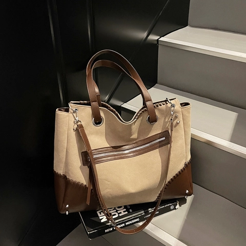 Bolso Tote De Gran Capacidad Cuero PU Textura Gamuza Bloque De Color Retro Trabajo Bolso De Mano Para Mujer