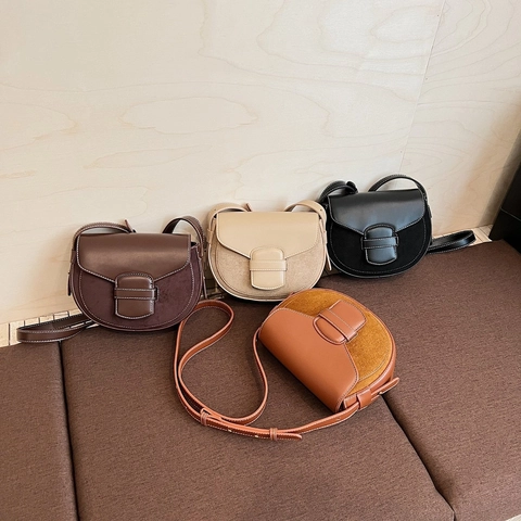 Vintage Saddle Shoulder Bag For Women PU Leather Suede Patchwork Contrast Stitching Flap Crossbody Bag