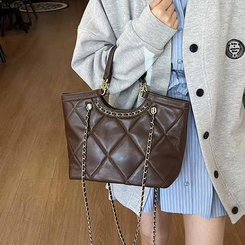 Quilted Diamond Lattice Tote Bag For Women PU Leather Large Capacity Handbag Chic Gold Chain Strap Shoulder Bag Commute