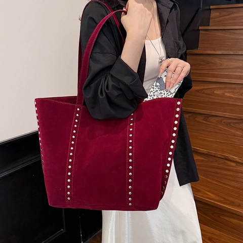 Damen Große Kapazität Tote Bag Wildleder Retro Silberne Nieten Unterachsel Schultertasche Handtasche Mode