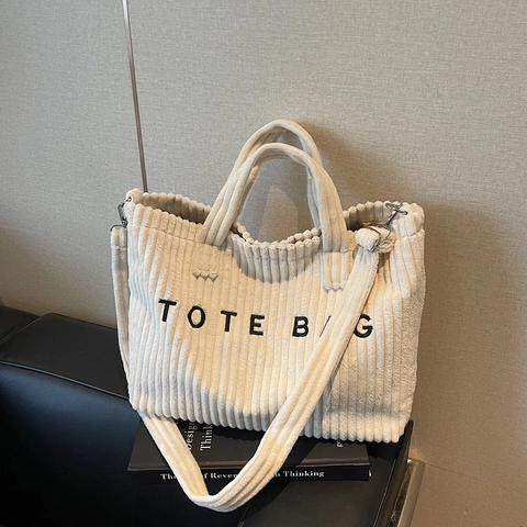 Damen Cord Tote Bag Große Kapazität Buchstaben Druck Handtasche Mit Abnehmbarem Schultergurt Retro Casual Stil