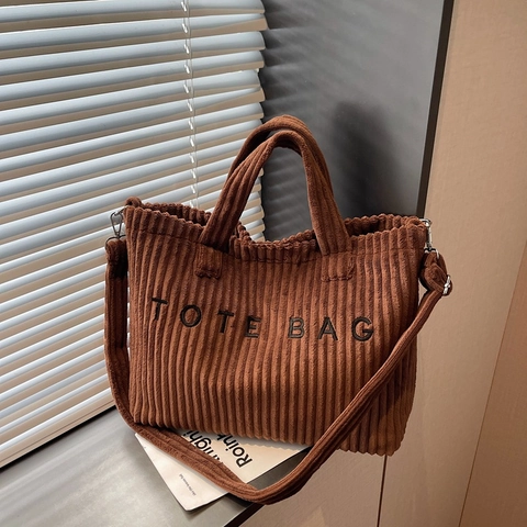 Damen Cord Tote Bag Große Kapazität Buchstaben Druck Handtasche Mit Abnehmbarem Schultergurt Retro Casual Stil