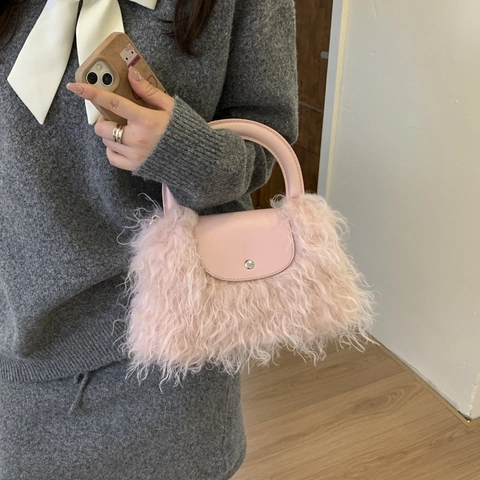 Bolso De Mano Para Mujer De Piel Sintética Peluche Bolso De Hombro Bandolera Mini Tote Con Asa De Cuero Y Correa Estilo Retro