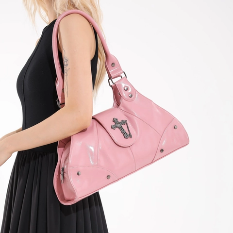 Borsa Tote Gothic Punk Da Donna In Pelle PU Lucida Pendente A Croce Borchie Y2K Retro Borsa A Tracolla Grande