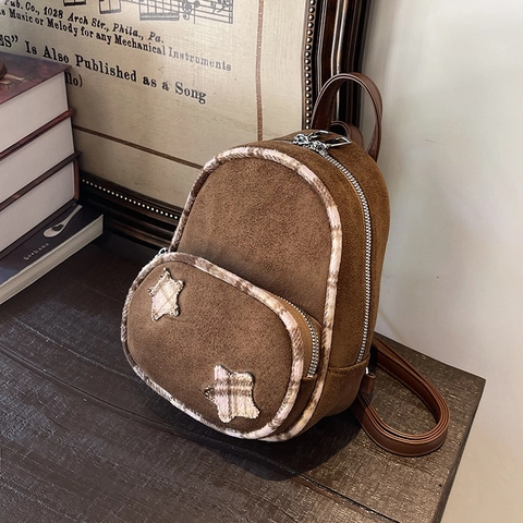 Mini Rucksack Retro Wildleder Mattiertes Leder Stern Patchwork Karierter Rand College Stil Für Frauen Mädchen